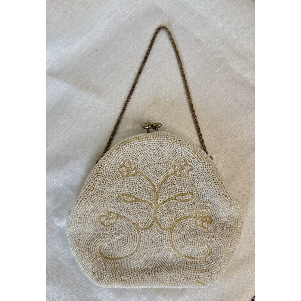 Vintage Hand Beaded Evening Bag Richere by Walborg Japan Ivory Satin Mirror